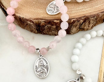 Signature Double Decade | Give Love + Blessings Rosary Prayer Bracelet | Pink Rose Quartz | White Jade  | St Therese of Lisieux | Silver