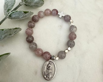 Saint Agatha Give Love + Blessings Rosary Prayer Bracelet | Madagascar Rose Quartz Stones | Silver | Nurses | Breast Cancer | Healing