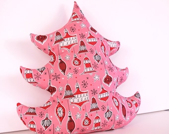 One Large Pink and Red Christmas Tree Pillow with Ornament Print.