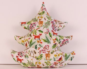 One Large Cream Christmas Tree Pillow with Woodland Print. - Small tree not included.