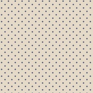 May include: A seamless pattern featuring evenly spaced, dark blue polka dots on a light beige background. The dots are uniformly sized and arranged in a grid-like pattern, creating a classic and versatile design.