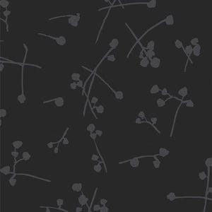 May include: Dark gray fabric with a repeating pattern of stylized, gray floral sprigs. The design features thin stems and small, round clusters, creating a subtle, textured effect. The overall aesthetic is minimalist and modern.