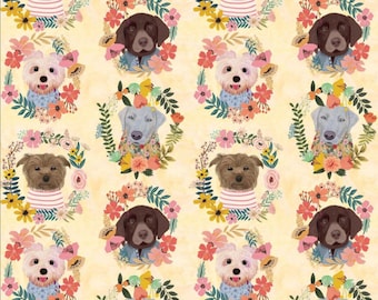 Mia Charro, Puppy Wreaths Ivory, Quilting Weight Cotton, Blend Fabrics, Collection Floral Pets