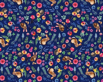 Hoppily Ever After Navy - 100% Cotton - Quilter Weight - Designer Miriam Bos - Collection Somebunny to Love