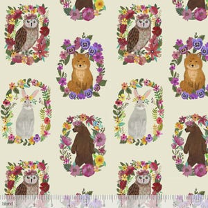 May include: A repeating pattern featuring woodland animals, including owls, foxes, rabbits, and bears, each surrounded by a floral wreath. The design incorporates a variety of colorful flowers and foliage on a cream-colored background. The word "blend" is visible in the bottom left corner.