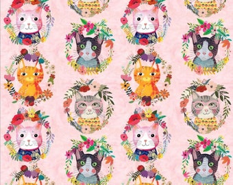 Mia Charro, Kitty Wreaths Pink, Quilting Weight Cotton, Blend Fabrics, Collection Floral Pets