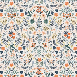 May include: A repeating floral pattern featuring a cream background with orange, blue, and green flowers and foliage. The design includes various flower and leaf shapes, creating a symmetrical and detailed botanical print.