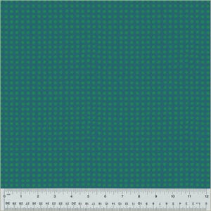 May include: Teal fabric with a repeating pattern of green dots. The dots are evenly spaced across the surface. A ruler is at the bottom of the image, showing inches.
