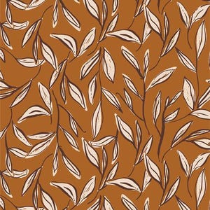 May include: An all-over pattern featuring stylized leaves and branches in a repeating design. The leaves are off-white with dark brown outlines, set against a warm, orange-brown background. The design has a hand-drawn, organic feel.