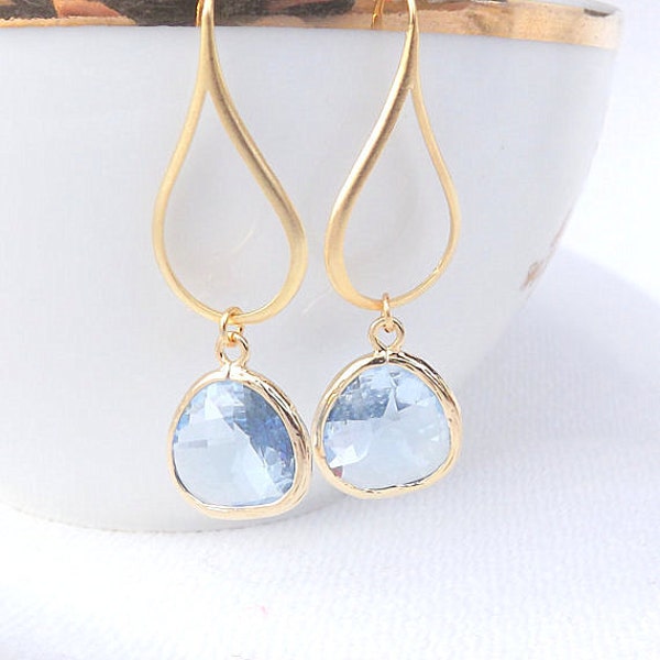 Teardrop Hook Earrings With Light Blue Crystal, Gold Earrings, Blue Earrings, Gold Dangle Earrings, Evening Jewelry, Prom Earrings, Delicate
