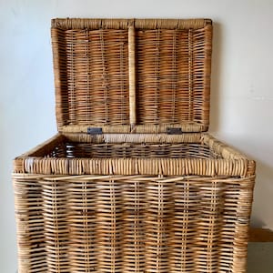 Peut inclure: Coffre de rangement rectangulaire en osier avec couvercle ouvert. Le coffre est en osier tiss&eacute; brun clair. Le couvercle est articul&eacute; et ouvert, r&eacute;v&eacute;lant l'int&eacute;rieur. Solution de rangement naturelle et rustique.
