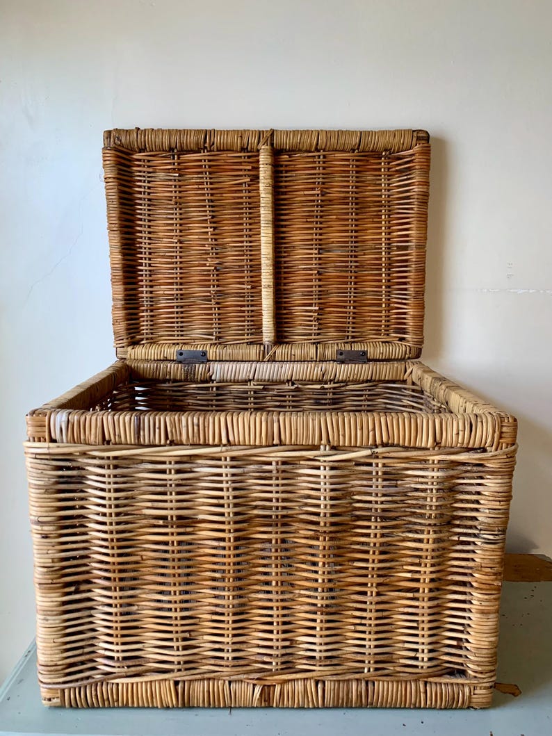 Peut inclure: Coffre de rangement rectangulaire en osier avec couvercle ouvert. Le coffre est en osier tiss&eacute; brun clair. Le couvercle est articul&eacute; et ouvert, r&eacute;v&eacute;lant l'int&eacute;rieur. Solution de rangement naturelle et rustique.
