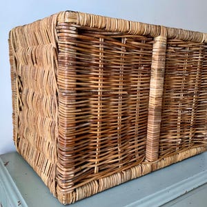 Peut inclure: Un panier rectangulaire en osier avec un motif tiss&eacute;. Le panier est fait d'osier brun clair et beige et poss&egrave;de une poign&eacute;e sur le c&ocirc;t&eacute;. Le panier est pos&eacute; sur une surface bleu clair.