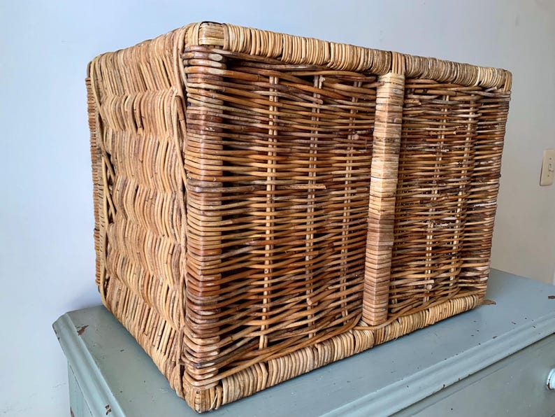 Peut inclure: Un panier rectangulaire en osier avec un motif tiss&eacute;. Le panier est fait d'osier brun clair et beige et poss&egrave;de une poign&eacute;e sur le c&ocirc;t&eacute;. Le panier est pos&eacute; sur une surface bleu clair.