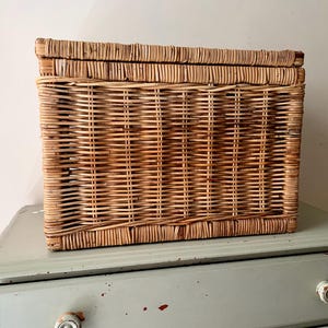 Peut inclure: Un panier de rangement rectangulaire en osier avec un couvercle. Le panier est fait d'osier tiss&eacute; brun clair et repose sur une commode bleu clair. Le panier est de couleur naturelle et pr&eacute;sente un motif tiss&eacute;.
