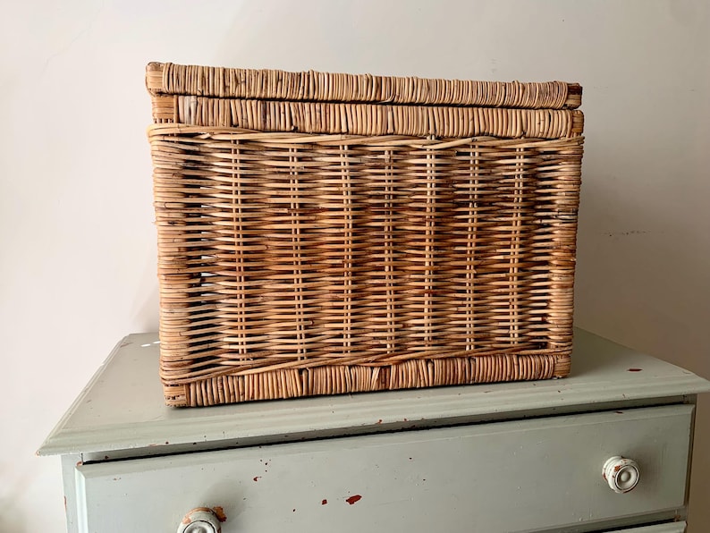 Peut inclure: Un panier de rangement rectangulaire en osier avec un couvercle. Le panier est fait d'osier tiss&eacute; brun clair et repose sur une commode bleu clair. Le panier est de couleur naturelle et pr&eacute;sente un motif tiss&eacute;.