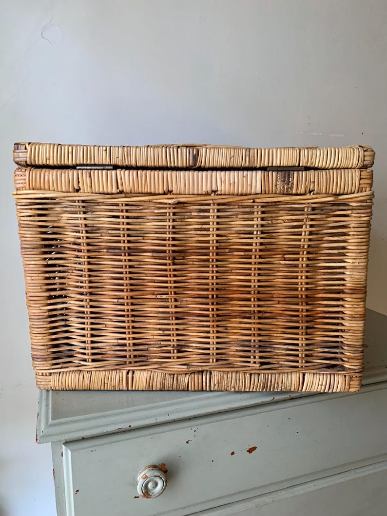 Peut inclure: Un panier de rangement rectangulaire en osier avec un couvercle &agrave; charni&egrave;re. Le panier est fait d'osier tiss&eacute; brun clair et repose sur une commode bleu clair. Le panier est de couleur naturelle et a une texture tiss&eacute;e.