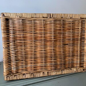 Peut inclure: Un panier rectangulaire en osier de couleur marron clair naturel. Le panier est tiss&eacute; de mani&egrave;re serr&eacute;e avec des brins horizontaux et verticaux, cr&eacute;ant une surface textur&eacute;e. Le panier est pos&eacute; sur une surface bleu clair.