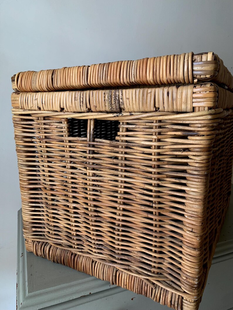 Peut inclure: Un panier de rangement rectangulaire en osier avec un couvercle. Le panier est tiss&eacute; en rotin brun clair et comporte une petite ouverture rectangulaire sur le devant. Le couvercle est &eacute;galement en rotin tress&eacute;.