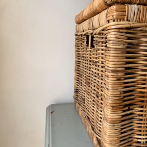 Peut inclure: Un panier de rangement en osier tress&eacute; avec un couvercle. Le panier est rectangulaire et en osier brun clair. Le couvercle est &eacute;galement tress&eacute; et s'adapte parfaitement. Le panier est pos&eacute; sur une surface bleu clair.