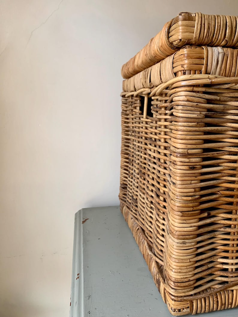 Peut inclure: Un panier de rangement en osier tress&eacute; avec un couvercle. Le panier est rectangulaire et en osier brun clair. Le couvercle est &eacute;galement tress&eacute; et s'adapte parfaitement. Le panier est pos&eacute; sur une surface bleu clair.