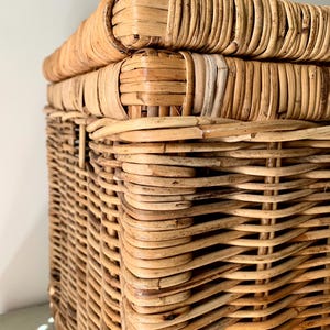 Peut inclure: Gros plan sur un panier de rangement en rotin tress&eacute; avec un couvercle. Le panier est rectangulaire avec des coins arrondis et une couleur marron clair naturelle. Le couvercle est &eacute;galement en rotin tress&eacute; et s'adapte parfaitement.