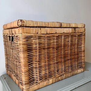 Peut inclure: Un coffre de rangement rectangulaire en osier avec un couvercle &agrave; charni&egrave;re. Le coffre est tiss&eacute; en rotin brun clair et a une finition naturelle. Le coffre est pos&eacute; sur une surface bleu clair.