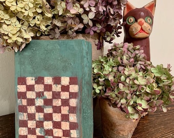 Small Antique Style Primitive Checkerboard on Old Wood, Folk Art Gameboard, Robbin's Egg Blue Green Background, 19th Century Early American