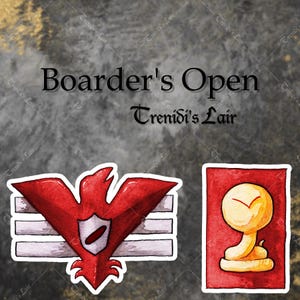 May include: Watercolor stickers featuring a red bird emblem with a shield and horizontal stripes, and a gold figure on a red background. The text "Boarder's Open" and "Trenidi's Lair" are also visible.