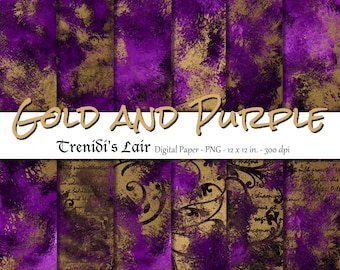 Gold and Purple Digital Paper, printable scrapbook paper