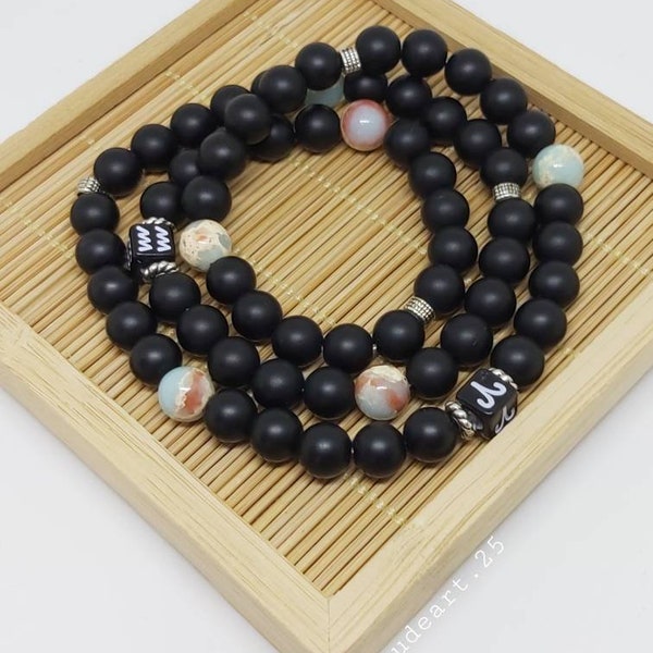 ShouShan Snakeskin blue stone, black onyx multiple row bracelet