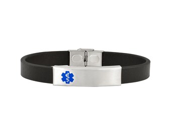 Adjustable Medical Alert Bracelet with Free Engraving fits up to 8.5 Divoti Pre-Engraved Leather Medical Bracelet with Black Genuine Leather