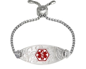 Stainless Steel Medical Bracelet Color//Size Divoti Custom Engraved Medical Alert Bracelets for Women Beautiful Olive Tag w//Rope Medical ID Bracelet w//Free Engraving