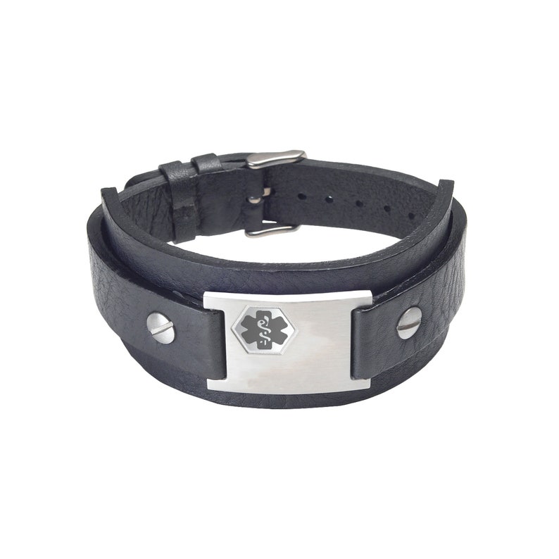 Adjustable Medical Alert Bracelet with Free Engraving fits up to 8.5 Divoti Pre-Engraved Leather Medical Bracelet with Black Genuine Leather