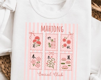Mahjong Sweatshirt for Women - Crewneck, Hoodie, T-Shirt | Pink Cute Mahjong Scalloped Tile Design