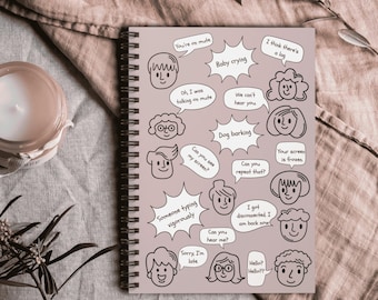 Funny Spiral Notebook - Ruled Line with Document Pocket, Dusty Rose, Work from Home Essentials, Conference Call Bingo, You're on Mute