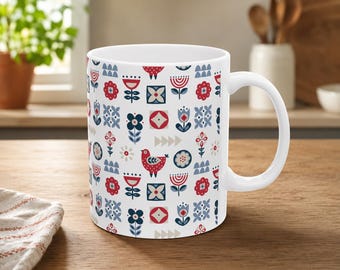 Scandinavian Folk Tile Pattern Mug | Ceramic Coffee Cup