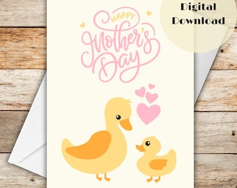 Printable 5x7 Mother's Day Card (Envelope Template Included) | Digital Instant Download | Cute Duck with Duckling | Kids Gift