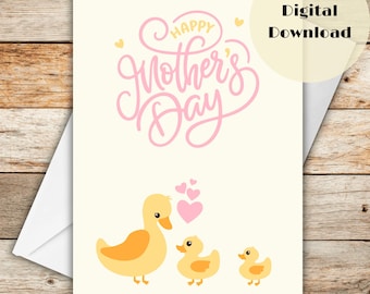 Printable 5x7 Mother's Day Card (Envelope Template Included) | Digital Instant Download | Duck with 2 Ducklings | Kids Gift | Twin mom