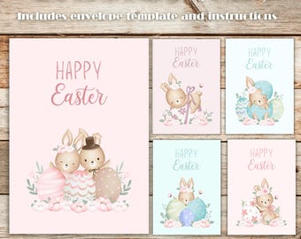 Easter Greeting Card Pack of 5 (Envelope Template Included), 5x7 Blank Digital Printable, Watercolor Cute Bunny Rabbit, Pastel Colors