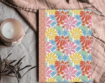 Colorful Retro Flowers Hardcover Journal Notebook, Vintage Groovy Floral Design