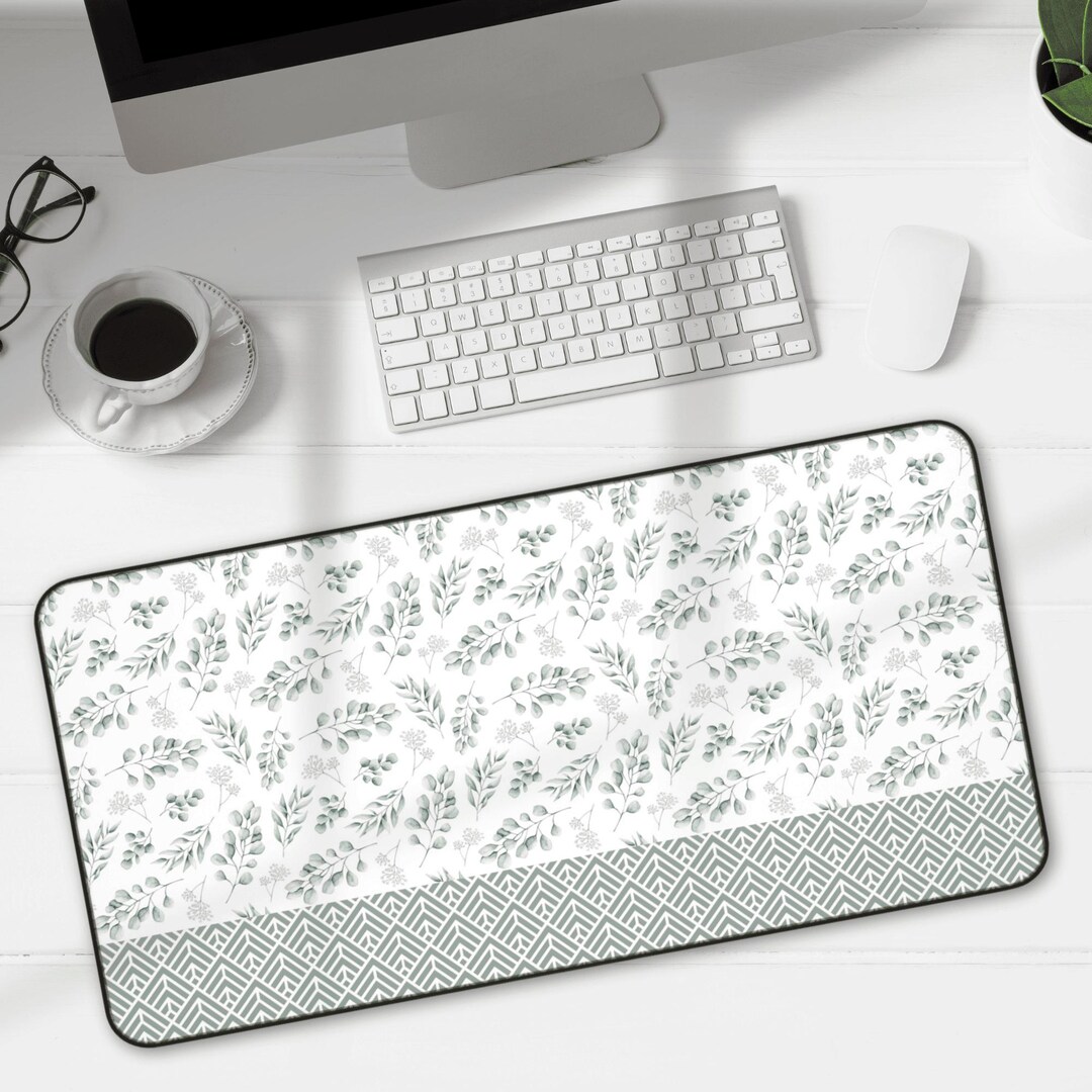 Sage Desk Mat With Eucalyptus Design and Geometric Pattern, Hemmed ...