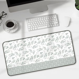 Floral Eucalyptus Design Desk Mat with Geometric Pattern, Hemmed Edges, Home Office Decor, Gift for Students, Large Computer Mouse Pad