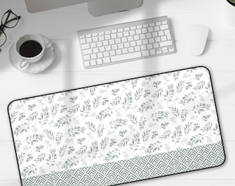 Sage Desk Mat with Eucalyptus Design and Geometric Pattern, Hemmed Edges, Large Computer Mouse Pad for Home Office