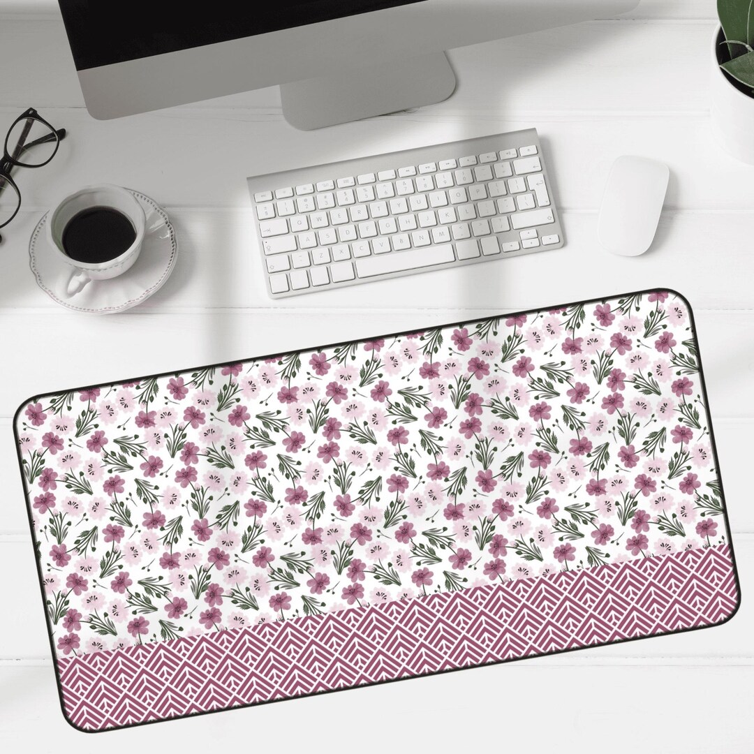 Pink Love Computer Mat Pink Purple Floral Desk Mat With Geometric Pattern, Hemmed Edges, Home ...