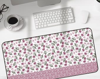 Pink Purple Floral Desk Mat with Geometric Pattern, Hemmed Edges, Home Office Decor, Large Computer Mouse Pad, Cottagecore Pink Purple Art