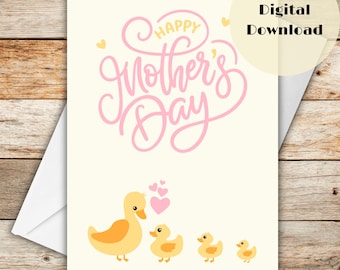Printable 5x7 Mother's Day Card (Envelope Template Included) | Digital Instant Download | Duck with 3 Ducklings | Kids Gift | Triplet Mom