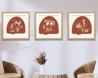 Arte popolare indiana, set di 3 dipinti Warli in terracotta, arte etnica, arte tribale tradizionale, arte murale, arredamento neutro per la casa