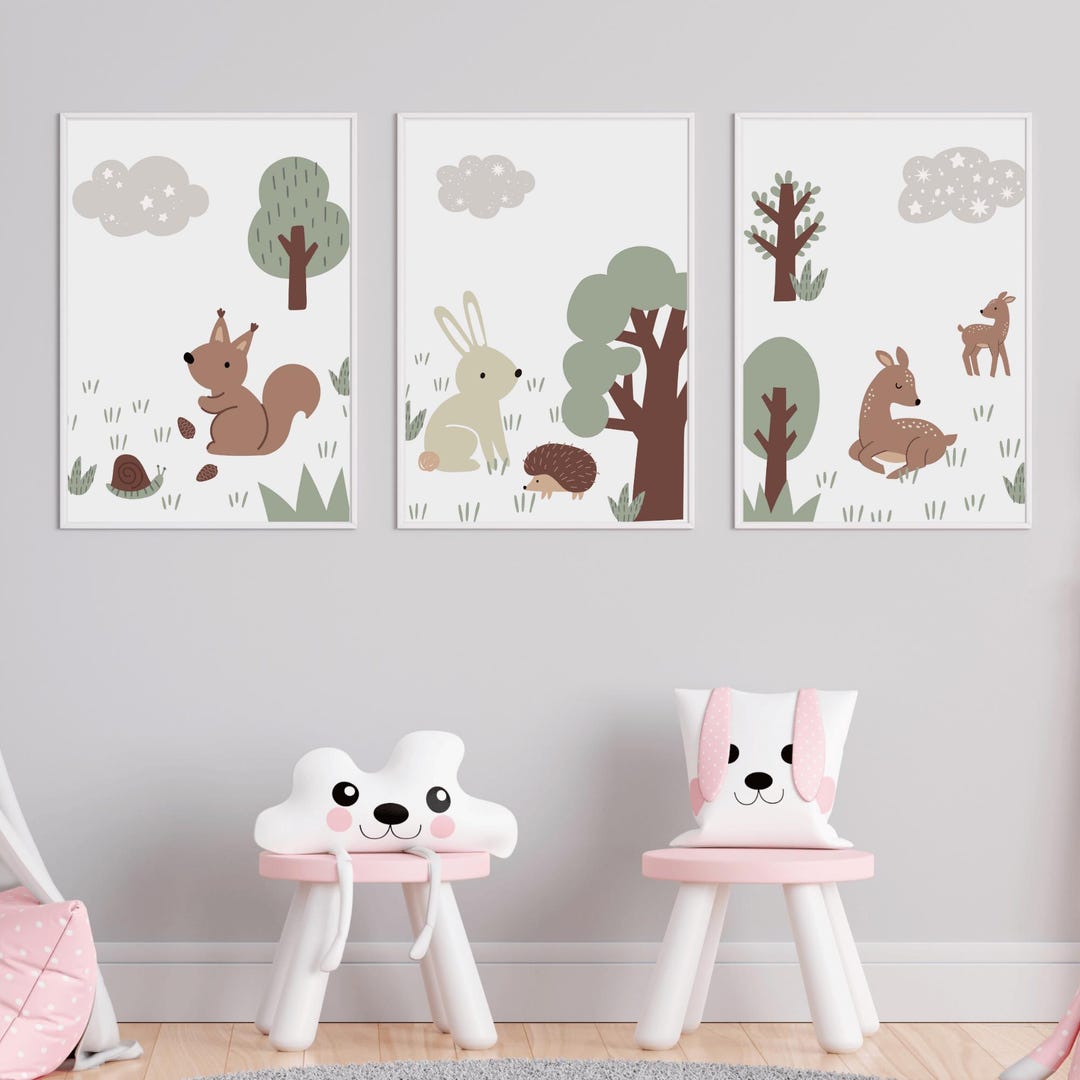 Woodland Animals Nursery Wall Art Print Set of 3, Baby Room Decor ...