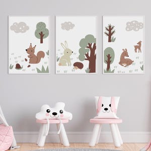 Woodland Animals Nursery Wall Art Print Set of 3, Baby Room Decor, Kindergarten Wall Art, Cute Forest Animal Prints, Bunny, Deer, Squirrel